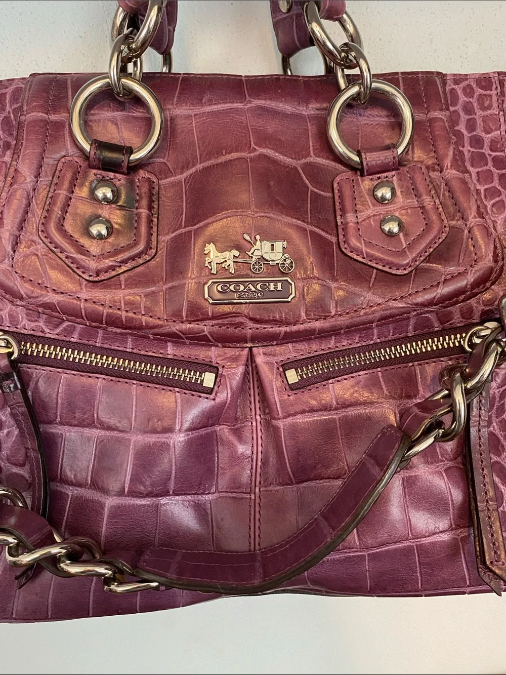 Coach Croc-Embossed Leather Tote in Plum